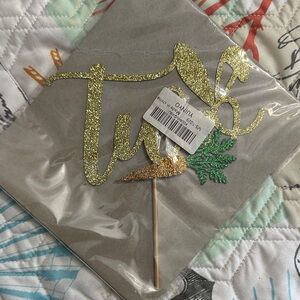 “Two” Gold and Green Glitter Cake Topper for second birthday with carrot